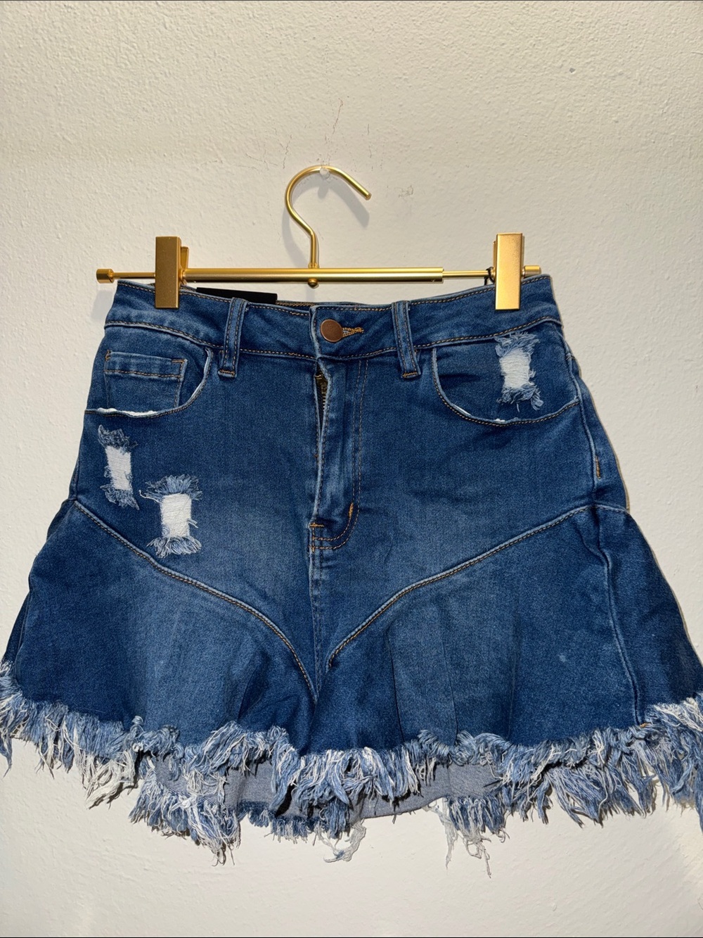 American Bazi Dark Blue Distressed Denim Frayed-Hem Shorts